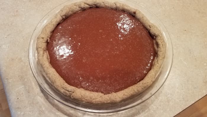 Then I poured the filling into my crust and popped the whole thing into the freezer on a cookie sheet so it didn't tip over.