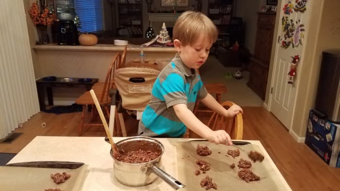 Line several cookie sheets with parchment paper and drop dollops of your mixture onto the cookie sheets, evenly spaced.