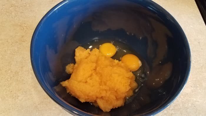 Then add your pureed pumpkin. Mine was fresh from a real pumpkin, pureed, and stored in the freezer until I was ready to use it.