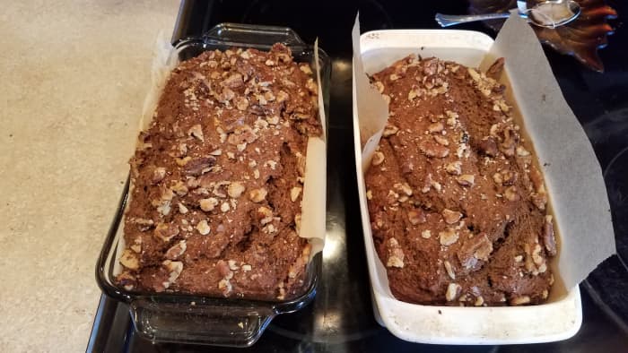 Bake for an hour. You see I chose to make two loaves at one time. Note: This recipe only gives you enough batter for one loaf. Double it if you want two.