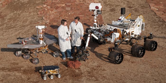Three generations of Mars rovers at NASA's Mars Yard testing area