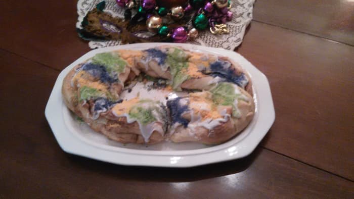 Homemade king cake using the recipe of Haydel's bakery in New Orleans.