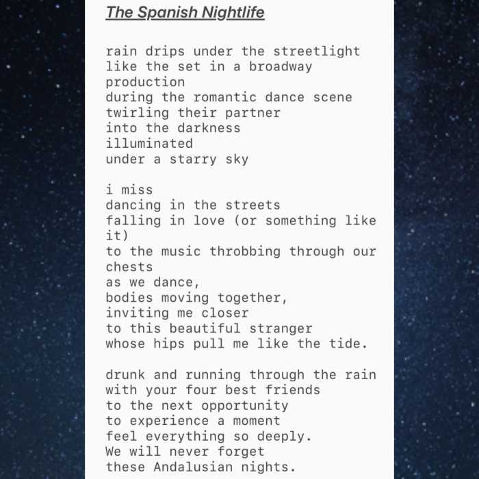 “The Spanish Nightlife” an ode to my five months in Granada, staying out dancing until the sunrise with my favorite people, and all the beautiful men who I met in the nighttime. thank you all for a beautiful period of my life.