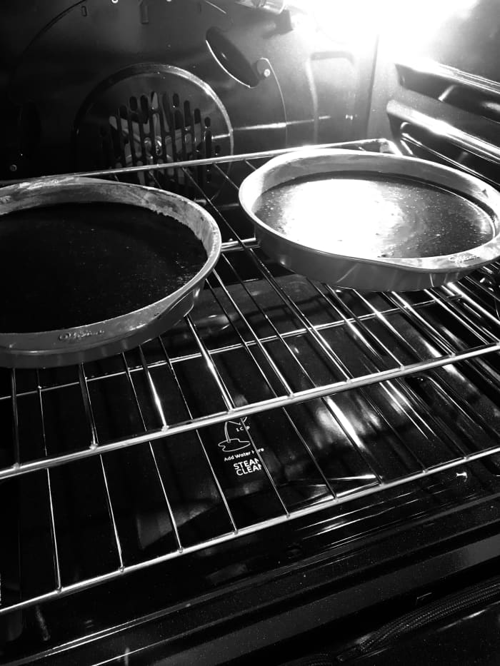 Bake at 325F for 35-40 minutes, or until a cake skewer or knife tip inserted into the center of the cake comes away clean.