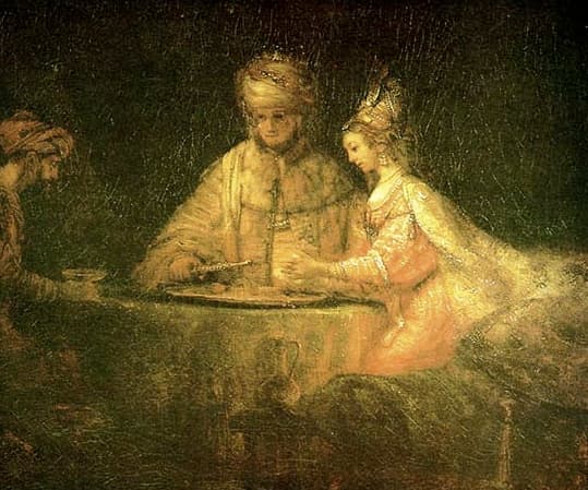 There are only 3 figures in the picture and the banquet is suggested sketchily. Esther lowers her arms apprehensively as she finishes her speech, the king's lips are pursed in anger, and Haman's pose reveals a sense of doom. The distance between