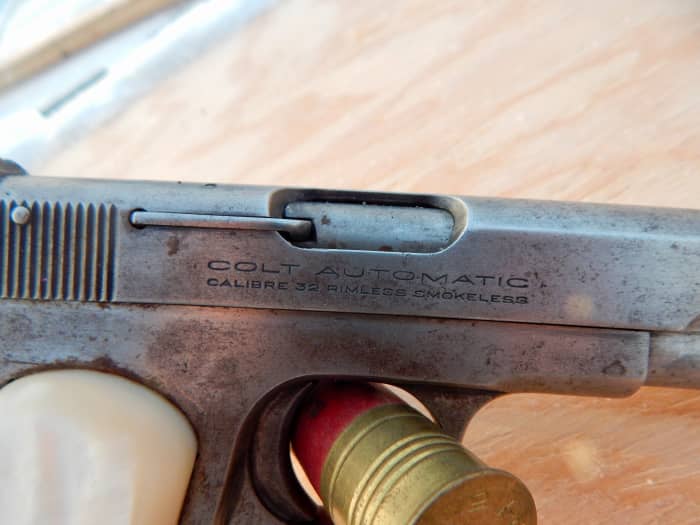 Up-close view of the caliber stampings This gun is chambered for the standard 32 ACP, despite the unusual stamping.