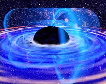 Super massive black holes effect surrounding space around them. Stars nearby will orbit at high velocity.