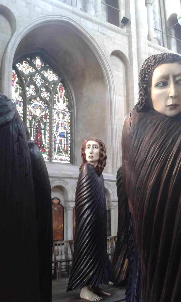 An art installation in Norwich Cathedral. They look like wandering mourners or lost souls.