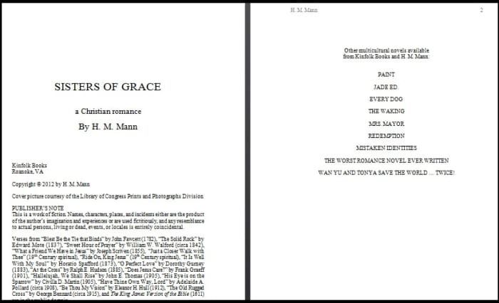 Sample title page on the left, list of other novels on the right. Notice the "publisher," copyright information, and publisher's note on the title page.