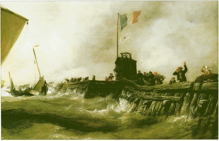 Calais Pier, Sloop returning to Port detail, oil painting by Edward William Cooke (1811-1880)