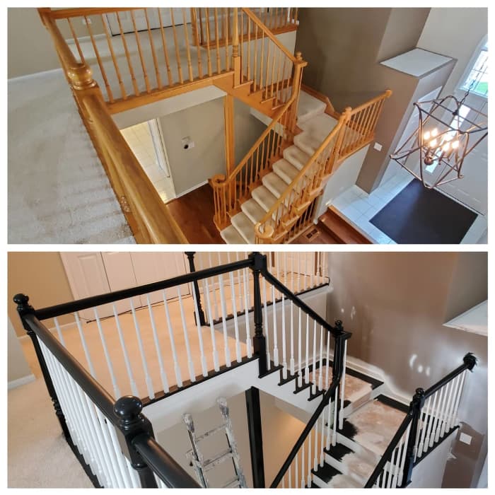 An oak staircase I painted black and white. A black carpet runner will be installed down the middle.