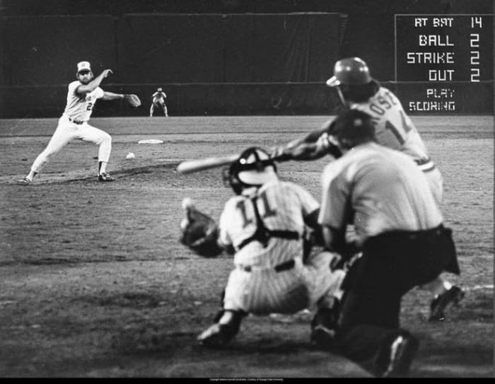 Gene Garber strikes out Rose to end his 44-game hitting streak (August 1, 1978). Networks broke into their schedules to show this at bat; rare in the days before ESPN.