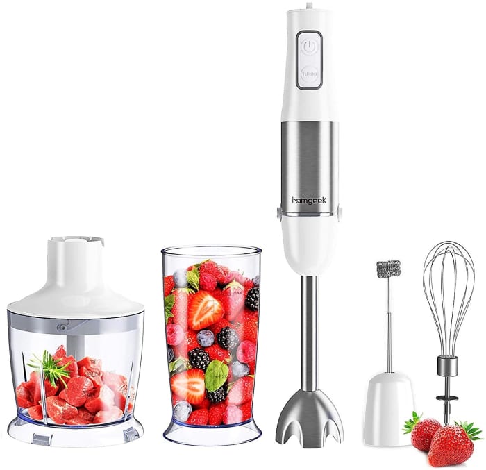 Homgeek 5-in-1 Hand Blender with food chopper (left) - beaker (2nd) - mixer (3rd) - frother (4th) - whisk (right)