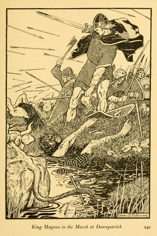 King Magnus 'Barelegs' chose to wear a kilt in the manner of the Scots. After tangling with Earl Hugh de Avranches of Chester he was killed whilst foraging at Downpatrick in Ireland