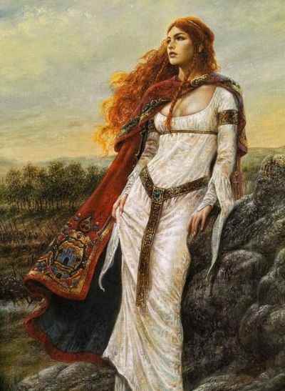 A fanciful image of Eadgytha 'Swan-neck', Harold's hand-fast (common law) wife searching for him on Caldbec Hill. She would have been at least in her forties by this time