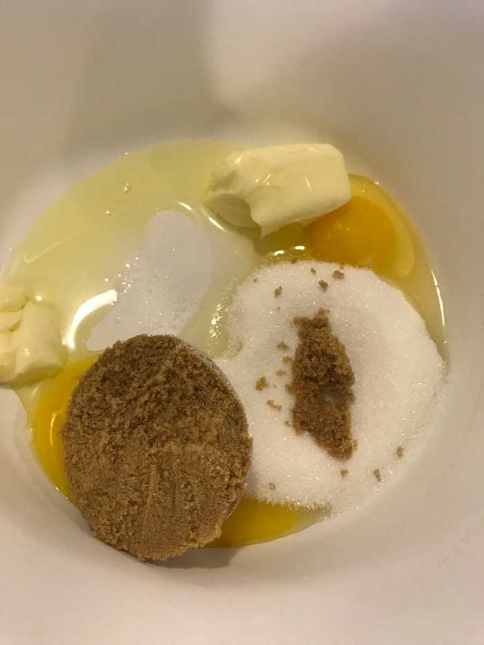 Butter, both types of sugar, a pinch of salt, eggs and the vanilla all go into the bowl you'll mash the sweet potatoes in.