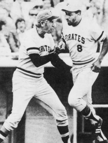 Pirates Hall of Famer Willie Stargell (8) is congratulated by third base coach Bob Skinner after hitting a home run in 1974.