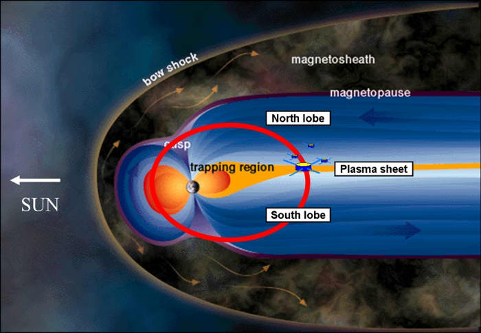 This representation of the Magnetosphere from the Ray Alex Website shows how it is shaped by the solar wind.