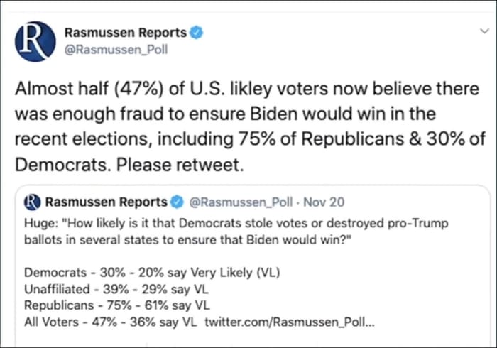 According to Rasmussen, 47% of the public believe the 2020 election was fraudulent. We cannot have a functioning democracy if people don't trust the vote.