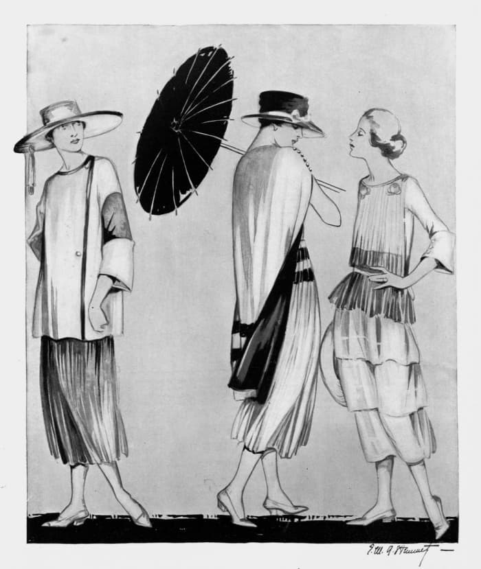 Fashion sketch from Harper's Bazaar show 1920s shorter hemlines and loose silhouette