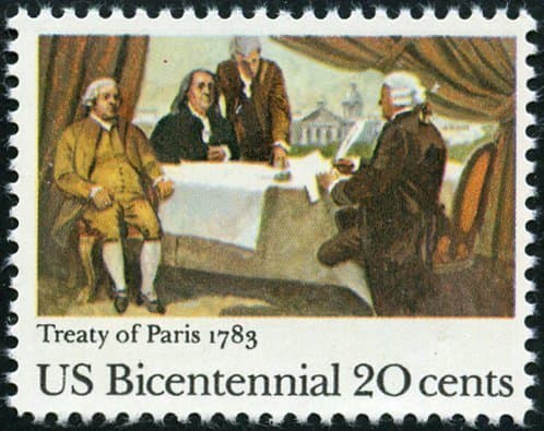 1983 20-cent postage stamp issued to honor the 200th anniversary of the signing of the Treaty of Paris that ended the Revolutionary War.