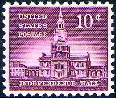 1956 10-cent stamp, “Independence Hall.” Independence Hall, located in Philadelphia, Pennsylvania, is where the Declaration of Independence was debated and signed.