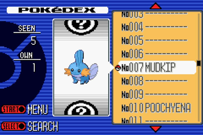 The Pokédex in "Pokémon Ruby."