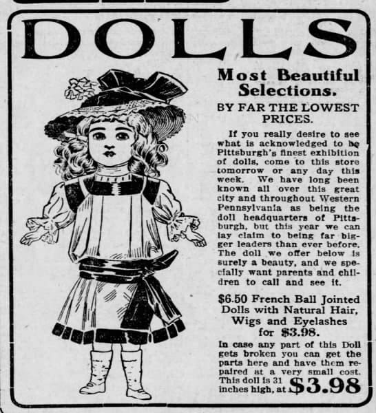 Just imagine, in 1910, you could buy a beautiful doll like this for $3.98. Clipped from The Pittsburgh Press, 18 Dec 1910, Sun, Page 11