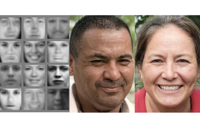 The faces on the left were created by a GAN in 2014; on the right are ones made in 2018. Image: Goodfellow et al; Karras, Laine, Aila / Nvidia