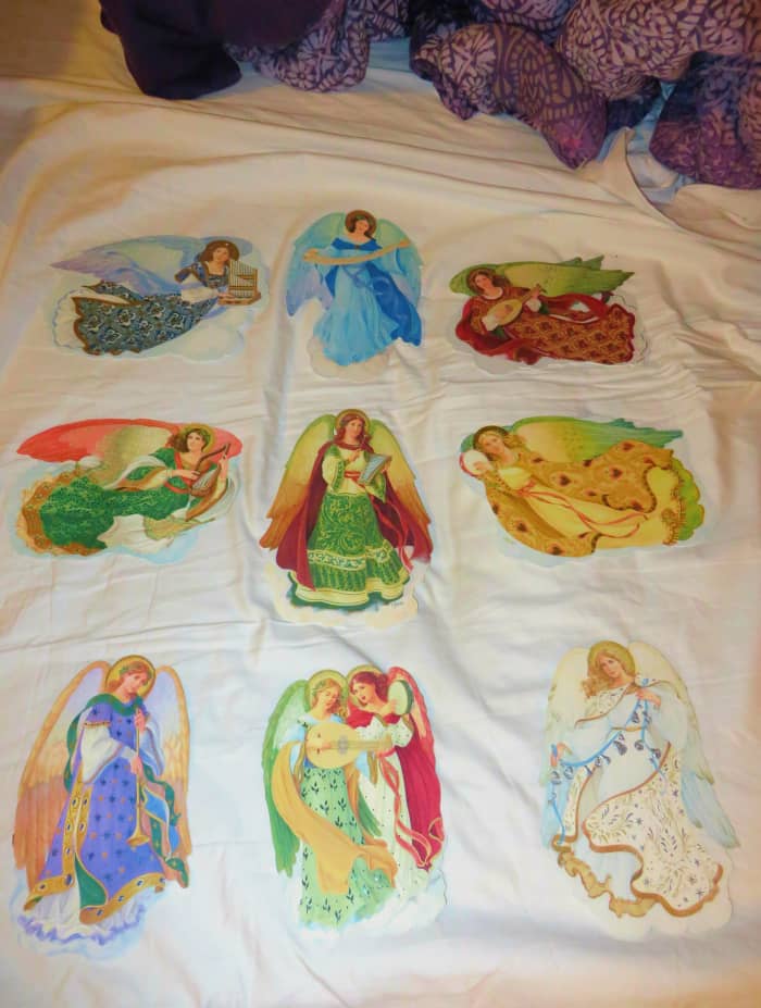Below you can see I have nine of the ten angels, will try to frame them in a sky of blue background like I did when my children's were little. That lovely creation got stolen many years ago, it had all ten in it. I do not think I will find the Tenth.