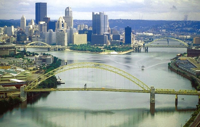 Source of the Ohio River: “The Point” in Pittsburgh PA. The Allegheny River (left) and the Monongahela River (right) join to form the Ohio. The West End Bridge crosses the Ohio in the foreground.