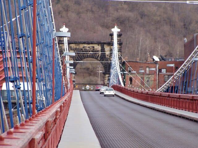 Wheeling WV Suspension Bridge, first bridge across the Ohio River. Built in 1849 as part of the National road, Route 40 on which my grandfather and great grandfather worked.