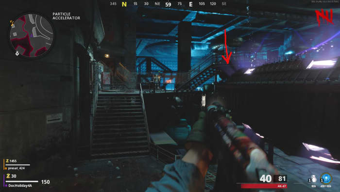 The red arrow is pointing towards the walkway where the orb is hidden below the grate.