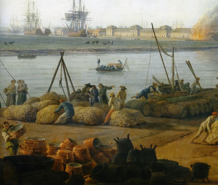 A view on the arsenal of Rochefort with a ship burning: fires at French ports during the era destroyed several crucial warships.