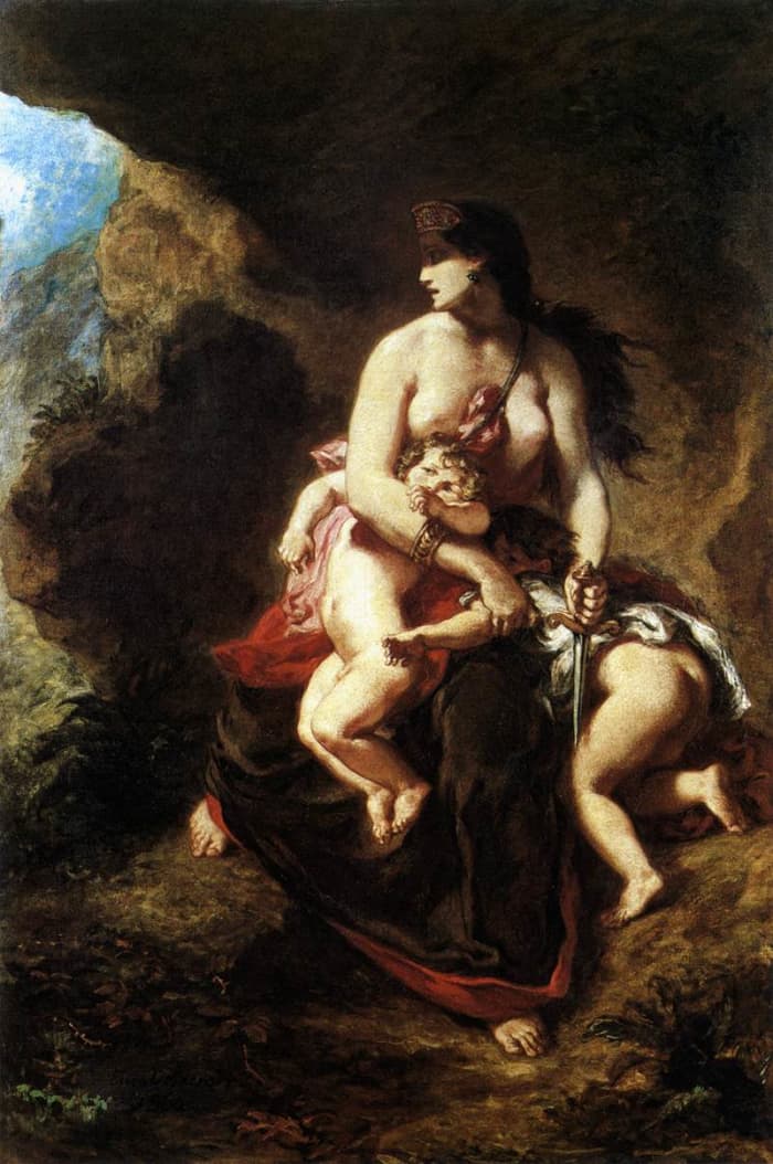 From Greek Mythology. Medea, daughter of King Aeetes of Colchis was married to Jason. She murdered her two children, Mermeros and Pheres.