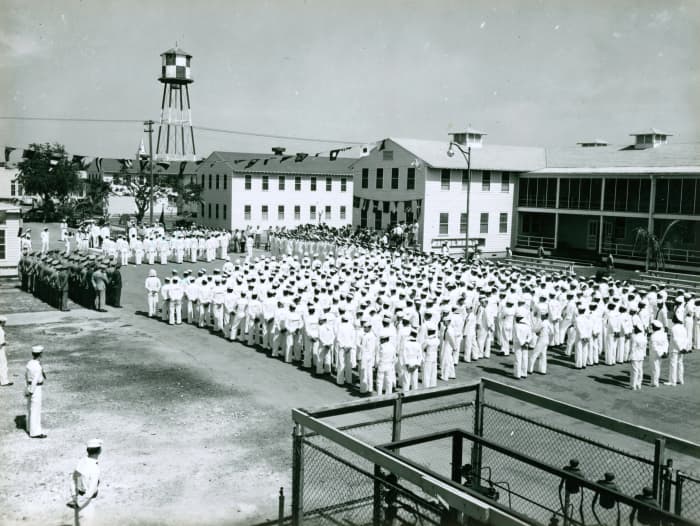 President Truman speaking to the 1949 graduating class of the Fleet Sonar School in Key West FL
