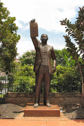 Al Edwards served Houston's 146th District in the Texas House of Representatives for over 30 years. This statue depicts Edwards holding up a copy of the Texas Juneteenth law.