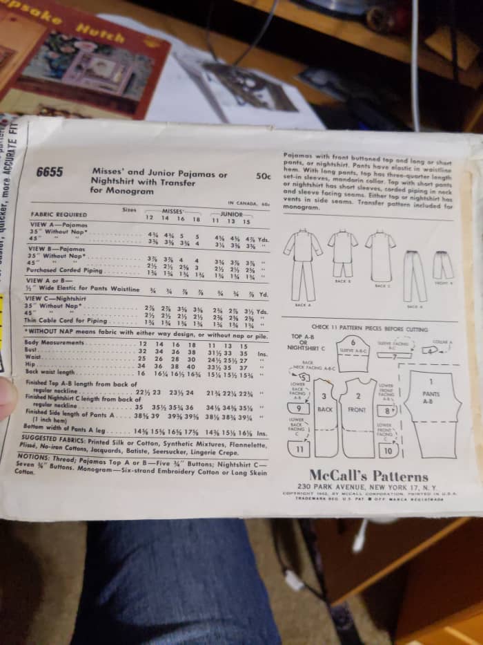 The range of sizes for the patterns, suggested styles, pattern pieces, fabric needed. All information on back of package.