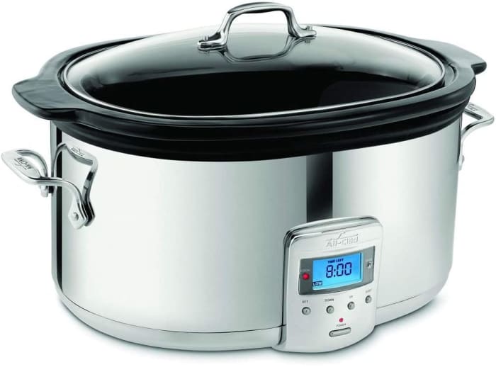 The All-Clad SD700450 Programmable Oval-Shaped Slow Cooker with Black Ceramic Insert and Glass Lid, 6.5-Quart.