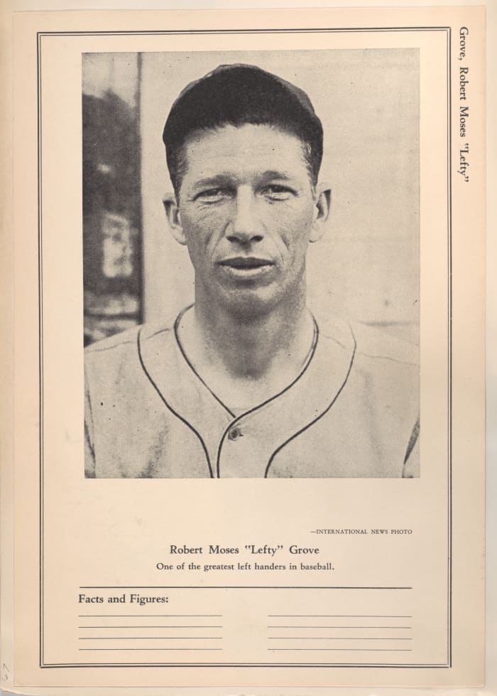 Lefty Grove on a Sports Exchange All-Stars trading card. Grove won two major league Triple Crowns and led the Athletics to the World Series in both years.