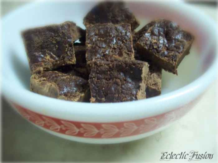 Finished product. Note: as you can tell, my fudge is a tad bit too dry so make sure you measure liquids correctly and spread mixture in dish quickly.
