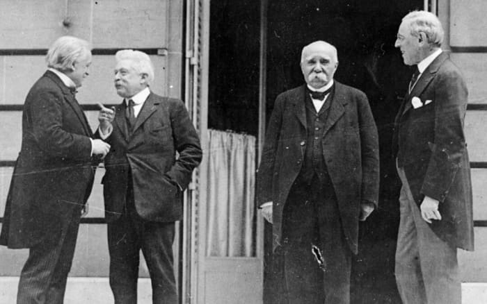 The four crucial figures from the Paris Peace Conference, Wilson, Vittorio Orlando, Lloyd George, and Clemenceau.