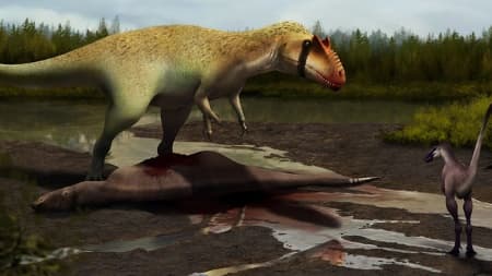 Siats (left) looming over an iguanodont it killed and the as-yet-unnamed Moros in a 2013 painting by Julio Lacerda.