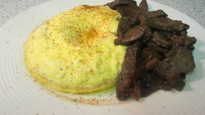 Eggs with bacon, ham, or like my favorite this morning - steak with marinated onions in a worchestershire and shoyu sauce. Sprinkle egg with your favorite spices.