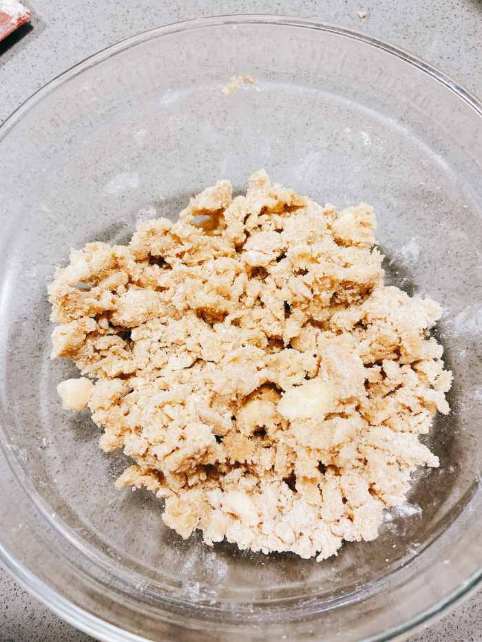 Work in the butter with your fingertips until the mixture is roughly crumbled. Set aside.