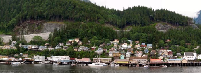 Ketchikan's Newtown neighborhood, between Downtown and the West End, its two largest neighborhoods. First Lutheran Church, at the right edge of this photo, is listed on the National Register of Historic Places.