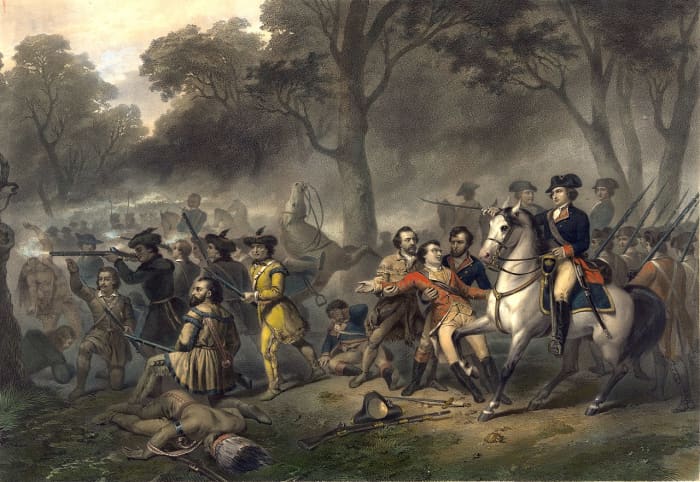 George Washington on horseback rallying the troops after the fall of General Braddock at the Battle of Monongahela.