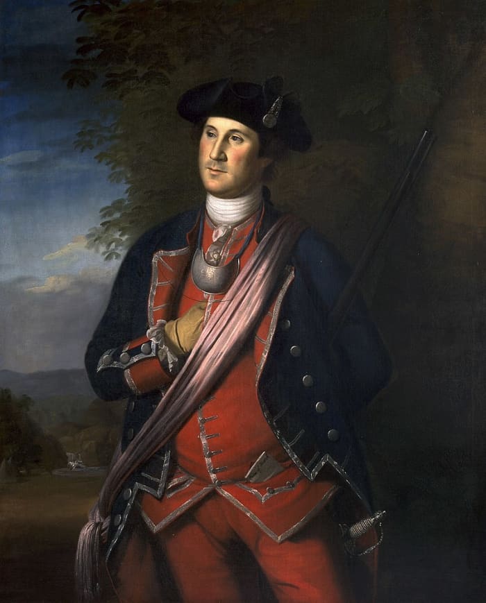 George Washington in his uniform as a British Colonial Colonel during the French and Indian War, by Charles Willson Peale, 1772.