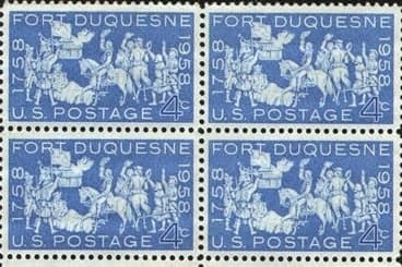 Block of four 1958 4-cent U.S. postage stamps commemorating the bicentennial of the fall of Fort Duquesne.