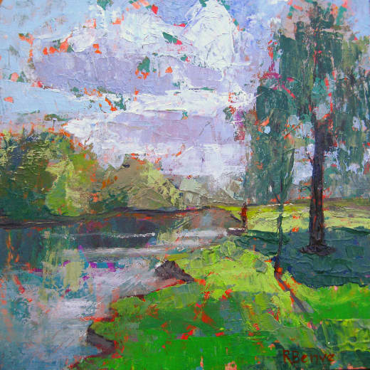 A mixed media painting that I have done loosely interpreting the photo reference, trying to work fats to keep the acrylic edges soft and the red ground peeking through. Spring River, by Robie Benve.